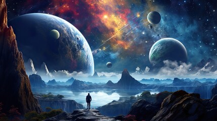 Canvas Print - colorful illustration of astronaut in space suit and helmet exploring alien planet with mountains and stars and moons on night sky, astronomy concept 