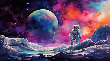 Wall Mural - colorful illustration of astronaut in space suit and helmet exploring alien planet with mountains and stars and moons on night sky, astronomy concept 