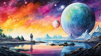 Wall Mural - colorful illustration of astronaut in space suit and helmet exploring alien planet with mountains and stars and moons on night sky, astronomy concept 