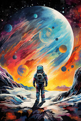 Wall Mural - colorful illustration of astronaut in space suit and helmet exploring alien planet with mountains and stars and moons on night sky, astronomy concept 