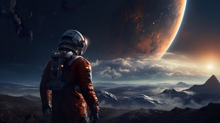 Wall Mural - colorful illustration of astronaut in space suit and helmet exploring alien planet with mountains and stars and moons on night sky, astronomy concept 