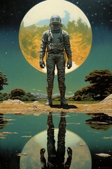 Wall Mural - colorful illustration of astronaut in space suit and helmet exploring alien planet with mountains and stars and moons on night sky, astronomy concept 