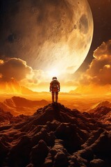 Wall Mural - colorful illustration of astronaut in space suit and helmet exploring alien planet with mountains and stars and moons on night sky, astronomy concept 