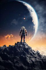 Wall Mural - colorful illustration of astronaut in space suit and helmet exploring alien planet with mountains and stars and moons on night sky, astronomy concept 