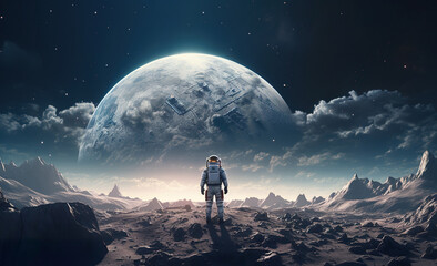 Wall Mural - colorful illustration of astronaut in space suit and helmet exploring alien planet with mountains and stars and moons on night sky, astronomy concept 