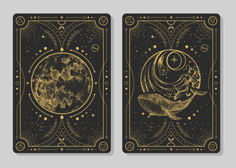 Canvas Print - Set of Modern magic witchcraft cards with full moon and whale. Hand drawing occult vector illustration of whale, water and moon.