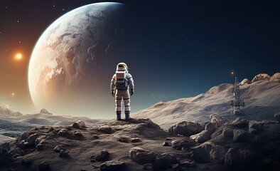 Wall Mural - colorful illustration of astronaut in space suit and helmet exploring alien planet with mountains and stars and moons on night sky, astronomy concept 