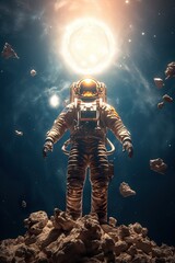 Wall Mural - abstract illustration of astronaut floating in outer space, dreamlike cosmonaut in space suit flying on  clouds of cosmos, astronomy concept