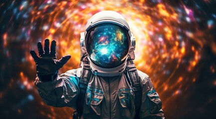 abstract illustration of astronaut floating in outer space, dreamlike cosmonaut in space suit flying