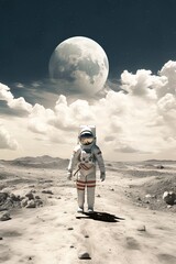 Wall Mural - colorful illustration of astronaut in space suit and helmet exploring alien planet with mountains and stars and moons on night sky, astronomy concept 