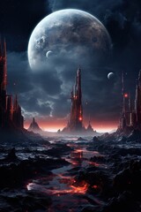 Wall Mural - far alien planet with mountain landscape and moons with stars and nebulas in sky, distant fantasy world in open space, colorful illustration 