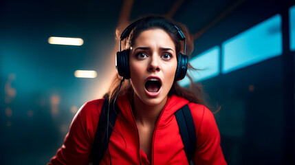 Wall Mural - Woman wearing headphones and red shirt is making surprised face.