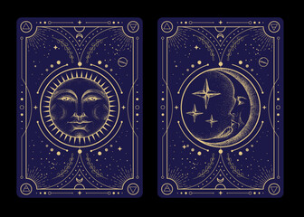 Wall Mural - set of modern magic witchcraft cards with astrology sun and moon sign with human face. day and nignt