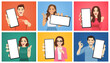 Portraits of surprised young women and men showing blank phone screen vector illustration on different colorful backgrounds set