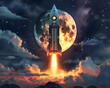Rakete startet ins All / Raketenstart Wallpaper / Rakete Hintergrundbild / Raumfahrt Illustration / Ai-Ki generiert