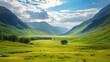 © Matthew - Background of a valley with open space for text, presenting a scenic landscape with mountains, a clear blue sky, and a vast stretch of grass in the background.