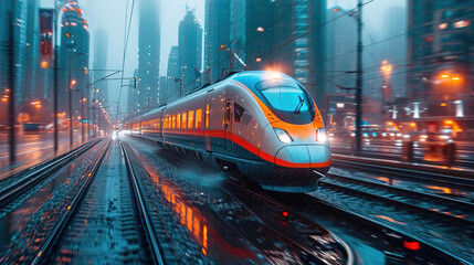 Poster - High speed electric passenger train drives at high speed among urban landscape. AI-generated image	