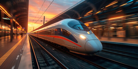 Wall Mural - High-speed train is speeding past the station in the city. AI generated image