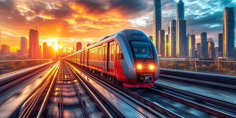 Wall Mural - High speed electric passenger train drives at high speed among urban landscape. AI-generated image	