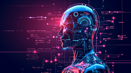 side profile of a futuristic artificial intelligence computer head with glowing lines and data