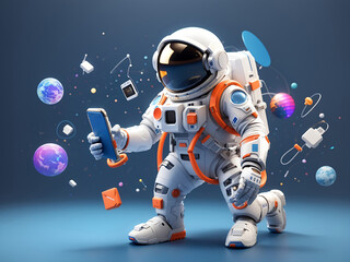 Wall Mural - concept of phone applications. a 3d astronaut communicates via messenger from a smartphone. games, e