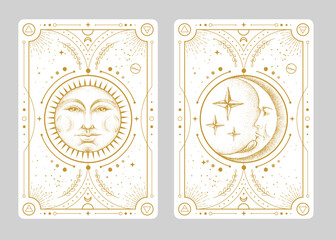 Wall Mural - set of modern magic witchcraft cards with astrology sun and moon sign with human face. day and nignt