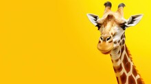 Close-up Of A Giraffe's Face On A Yellow Background, Close-up Portrait Of A Giraffe