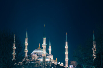 Wall Mural - sultanahmet camii or blue mosque view at night. ramadan or islamic concept photo
