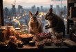 Two furry friends have a snack on a rooftop with a great view of the city