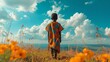 An empty space and the backside of an African youngster at sunset on a mountain top, Generative AI.