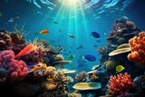 Fototapeta Do akwarium - Tropical sea underwater fishes on coral reef. Aquarium oceanarium wildlife colorful marine panorama landscape nature snorkel diving ,coral reef and fishes