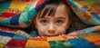  a close up of a child under a blanket with a blanket over their head and the child's face peeking out from under the coverlet of the quilt.