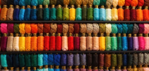 Wall Mural -  rows of multicolored spools of thread sitting on a shelf in front of a display of other spools of spools of multicolored spools.