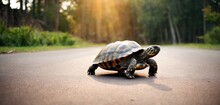  A Small Turtle Crossing A Road In The Middle Of A Forest With The Sun Shining Down On It's Back And Its Head In The Middle Of The Road.