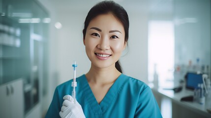 Wall Mural - A close-up portrait of a smiling Asian nurse, holding a syringe