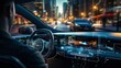 Head-up display on a futuristic autonomous self-driving automobile traversing a city, Generative AI.