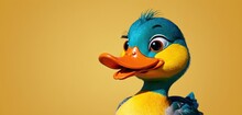  A Close Up Of A Blue And Yellow Duck With A Big Smile On It's Face, With A Yellow Wall In The Background And A Yellow Wall In The Background.