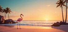  A Pink Flamingo Standing On Top Of A Sandy Beach Next To The Ocean With Palm Trees On Both Sides Of The Beach And A Sun Setting In The Distance.