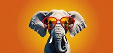  A Close Up Of An Elephant Wearing Red Sunglasses And A Yellow Background With An Elephant's Head In The Middle Of The Frame, With A Pair Of Red Glasses On It's Ears.