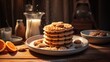 cookies and waffles on a plate drizzled with syrup or honey with a carafe of milk or a cup of coffee, creating a laconic and aesthetically pleasing breakfast look