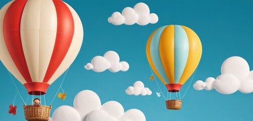 Canvas Print -  a group of hot air balloons flying through a blue sky with white clouds and a person in a basket on the front of the balloon is floating in the air.