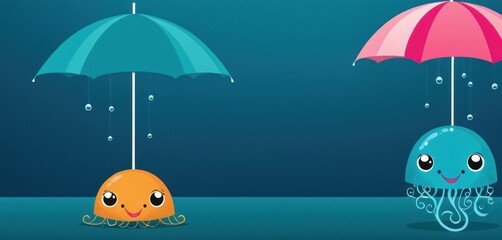 Poster -  an octopus and a jellyfish under umbrellas on a dark blue background with a blue background and a blue background with a light blue background and a red one with an orange octopus.