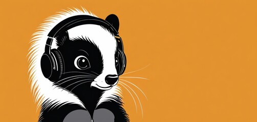  a black and white badger wearing headphones and a pair of black and white headphones on it's ears, standing in front of an orange background with a black and white border.