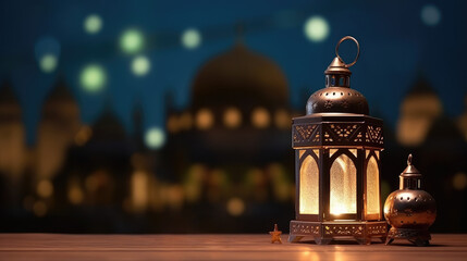 Ramadan Kareem celebration background illustration with arabic lanterns and moon