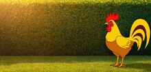  A Chicken Standing In The Grass In Front Of A Green Hedge With A Red And Yellow Rooster On It's Back Legs And A Red Comb In The Foreground.
