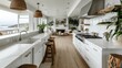 coastal interior design concept dining natural material cosy comfort Woven pendant lights bring a modern coastal feeling to this light and airy kitchen The stylish counter stools are a favorite theme