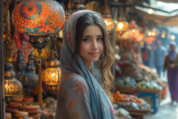 portrait of a girl in a headscarf against the backdrop of an oriental bazaar with a lantern shop