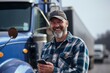Smiling truck driver using smartphone in front of semi truck