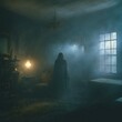1980s cult dark horror monster lurking above a child's bed at night, foggy, shot on film, dark art, nostalgic, nightmare, liminal spaces, photo realistic, vintage, grain, noise