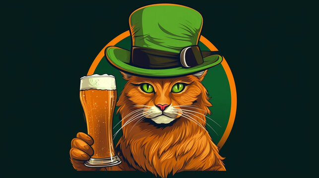 copy space, vector illustration, Portrait of orange cat wearing green hat holding beer. Beautiful mockup for Saint Patrick’s day. Design for greeting card, invitation, poster.